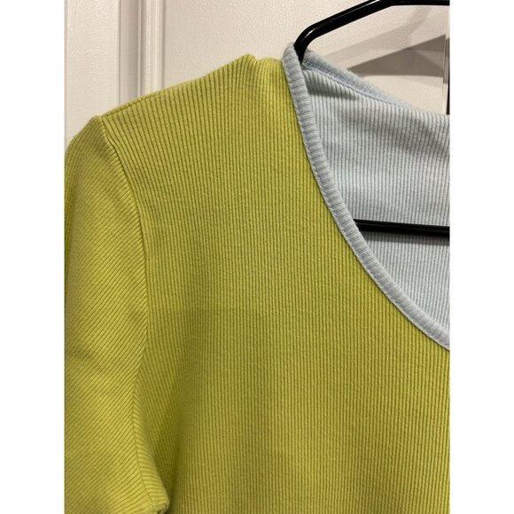 Yellow Green Light Blue V Neck Ribbed Long Sleeve Shirt Button Cuff Detail - Picture 5 of 9